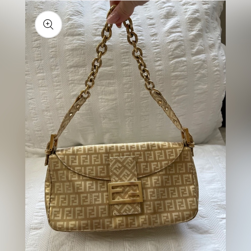 Fendi Baguette Double Flap Bag Zucca FF Canvas Coated Gold Authentic Vintage